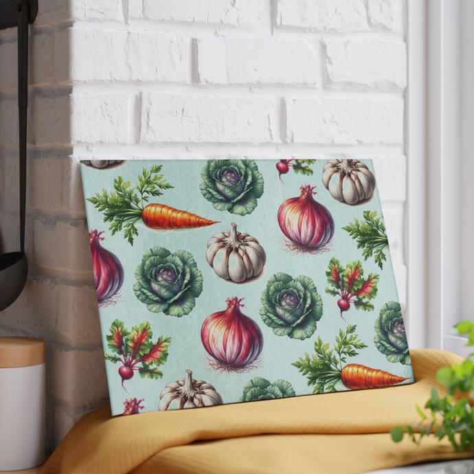 Cutting board featuring art of carrots, cabbage, onion, garlic and beets