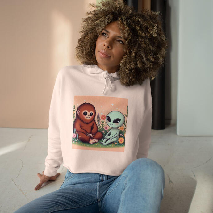 Women's Crop Hoodie Whimsical Sci-Fi, Bigfoot/Sasquatch & Alien cute buddies